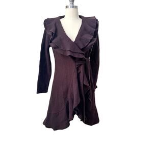 Willi Smith Wool Blend Ruffle Wrap Coat Brown Boho Midi Jacket M
